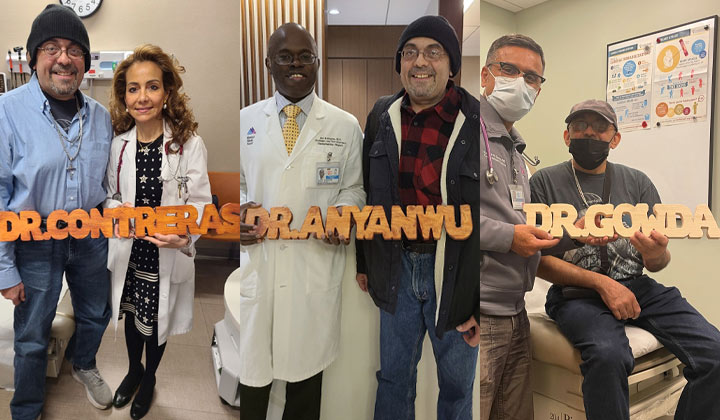 Photo of heart transplant patient Carlos Toro posing with doctors who treated him